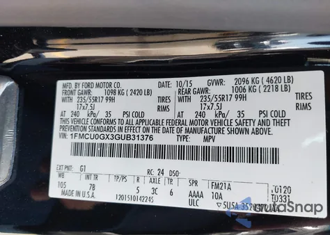 2016 Ford Escape Se z USA, uszkodzony, nr VIN 1FMCU0GX3GUB31376